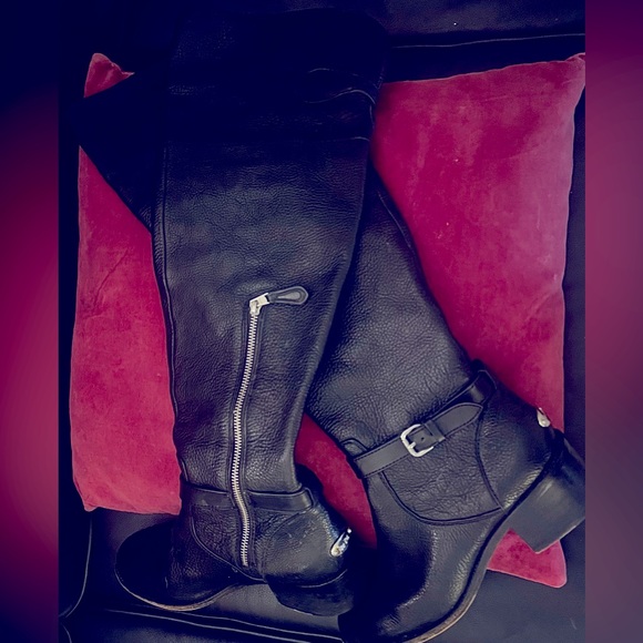 COACH over the knee black leather boots, 2.5” heel,silver accents, size 8 - Picture 1 of 13